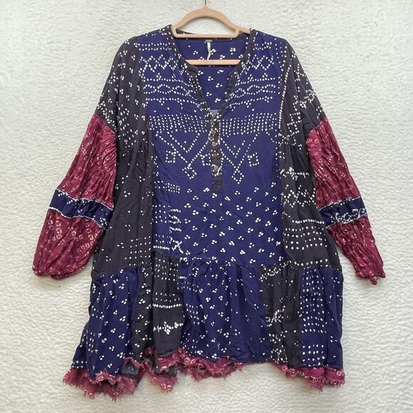 Free People Shirt Womens Large Blue Boho Tunic Henley Balloon Sleeve Ruffle Hem - Picture 1 of 12